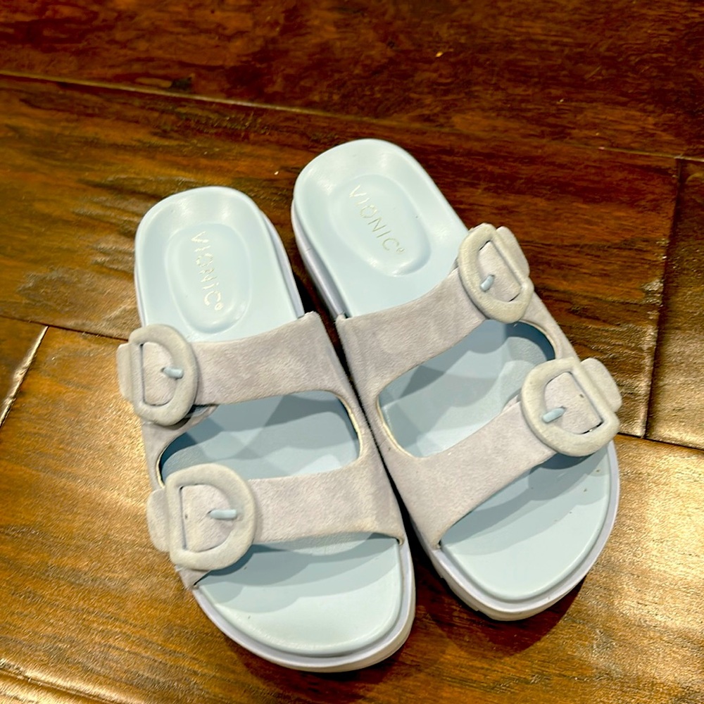 Vionic light blue wedge slide shoes